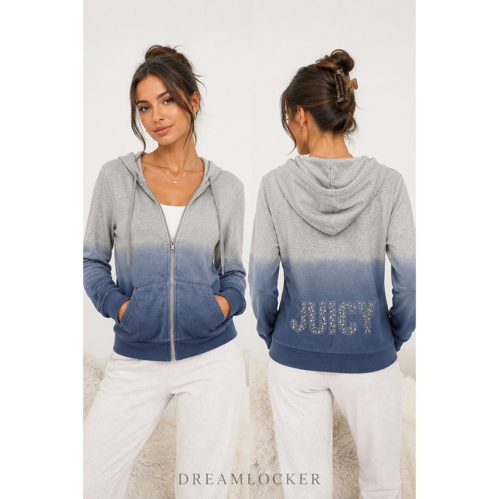 Juicy Couture Y2K Ombre Rhinestone Zip Hoodie Jacket Blue Gray Medium Bling